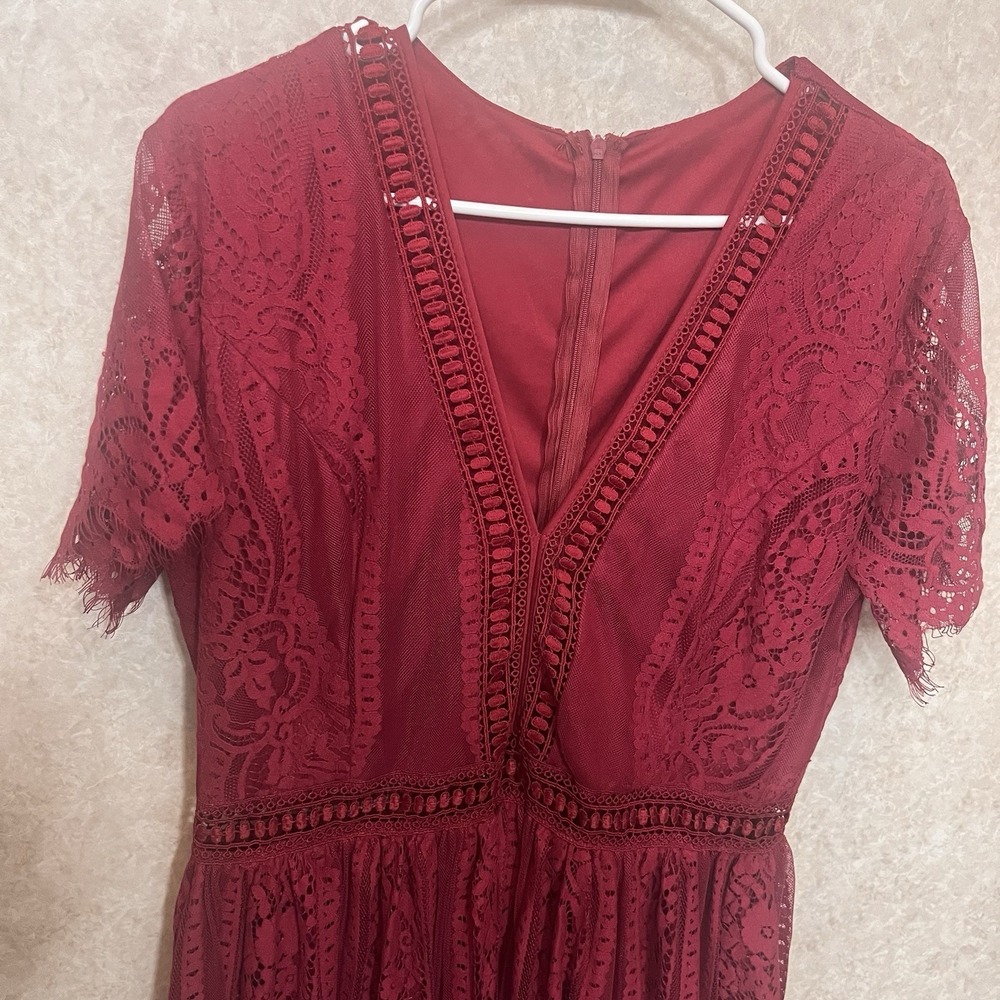 Women's Maxi Dress Burgundy BOHO‎ Romantic Lace Short Sleeve Empire Waist Size M